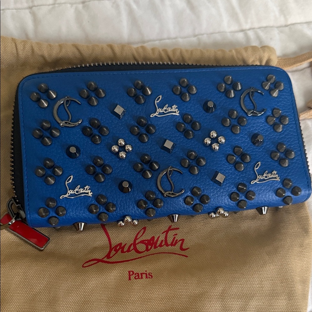 Christian Louboutin Pannetone Leather spike  Blue zip Wallet